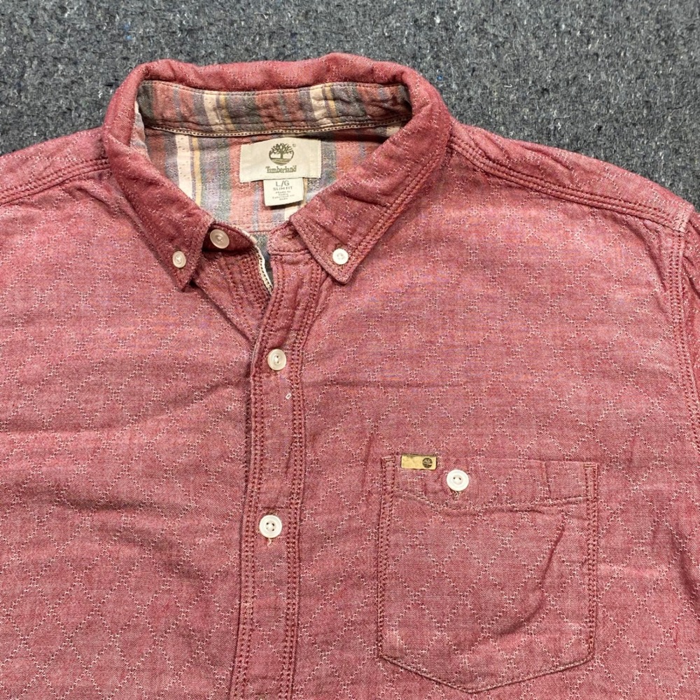 Timberland Button Down Shirt Sz L Mens Red Slim Fit Diamond Texture Long Sleeve